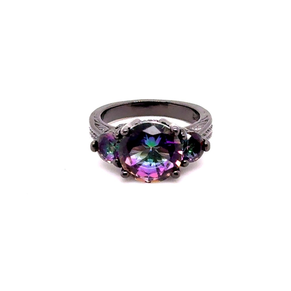 Mystic Topaz 10KT Black Gold Three Stone Filigree Ring Size 6 Rainbow Gemstone